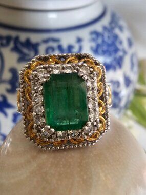 Gems en Vogue  Emerald & White Zircon Halo Ring, Size 9